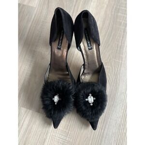 Claudia Ciuti Black Suede Fur Pom Pom Crystal D'Orsay Pumps Madein Italy Size10M